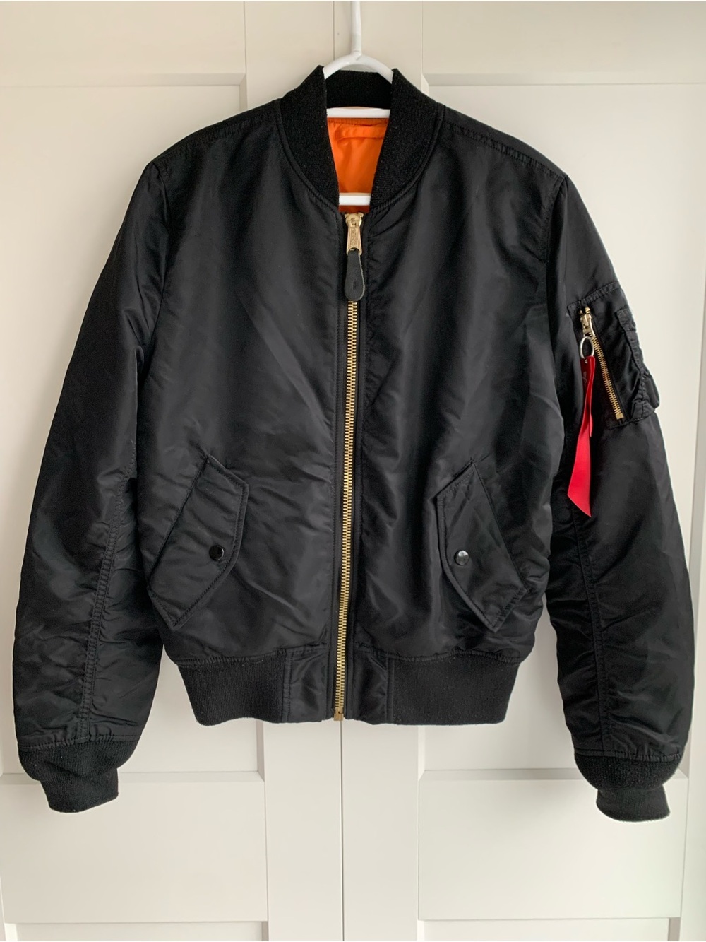 Alpha Industries Black Bomber Jacket with Orange Lining size Small